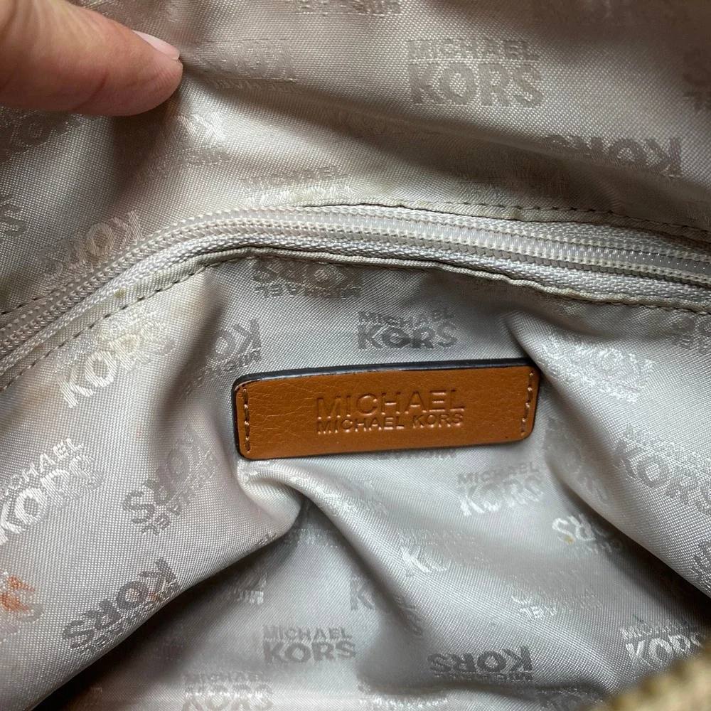 Michael Kors Monogram Jacquard Shoulder Bag Tan Beige Gold Hardware Baguette